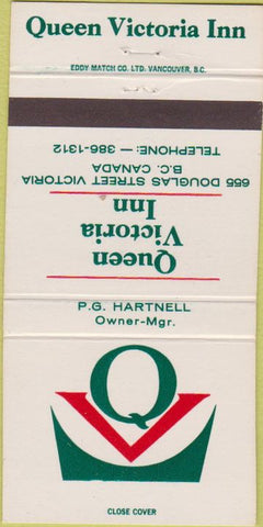 Matchbook Cover - Queen Victoria Inn Hotel Victoria BC  30 Strike