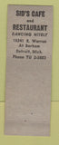 Matchbook Cover - Sid's Cafe Detroit MI
