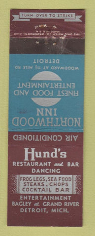Matchbook Cover - Hund's Restaurant Detroit MI Northwood Inn