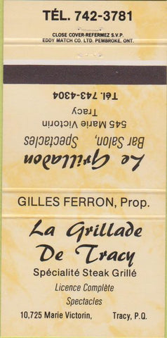 Matchbook Cover - La Grillade De Tracy Marie Victorin Canada 30 Strike