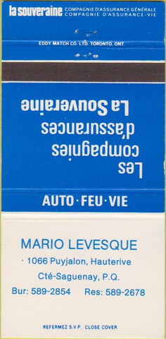 Matchbook Cover - Mario Levesque Cte Saguenay PQ 30 Strike