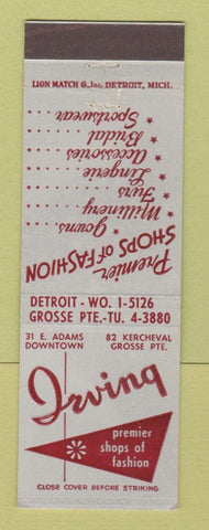 Matchbook Cover - Irving Clothes Shops Detroit Grosse Pointe MI women's