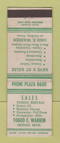Matchbook Cover - Tuexedo Rentals Detroit MI