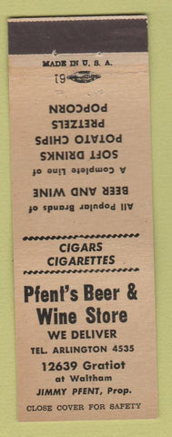 Matchbook Cover - Pfend's Beer Wine Store Liquor Detroit MI