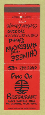 Matchbook Cover - Ping On Chinese Restaurant Mount Clemens MI