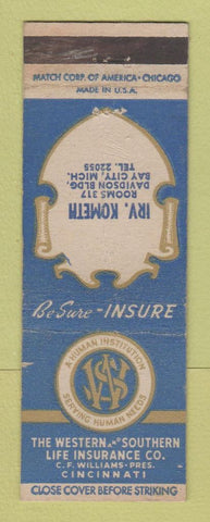 Matchbook Cover - Western & Southern Life Insurance Irv Kometh Bay City MI WORN