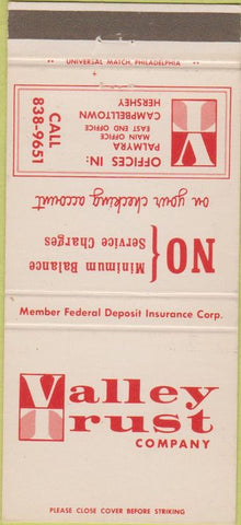 Matchbook Cover - Valley Trust Company Hershey PA 30 Strike