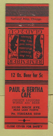 Matchbook Cover - Paul & Bertha Cafe Detroit MI