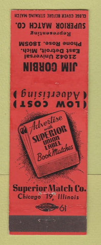 Matchbook Cover - Superior Match Books Jim Corbin East Detroit MI