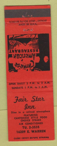 Matchbook Cover - Fair Star Inn Chinese Food Detroit MI