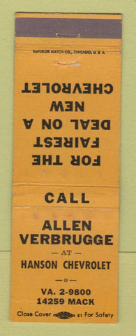 Matchbook Cover - Hnson Chevrolet Detroit MI Allen Verbrugge WEAR