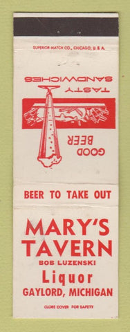 Matchbook Cover - Mary's Tavern Gaylord MI Bob Luzenski