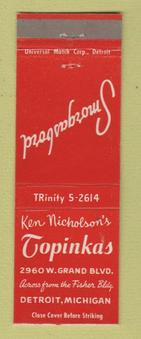 Matchbook Cover - Ken Nicholson's Topinkas Detroit MI