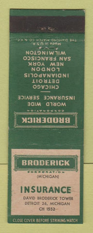 Matchbook Cover - Broderick Insurance Detroit MI