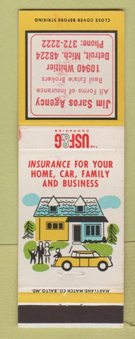 Matchbook Cover - Jim Saros Insurance USF&G Detroit MI