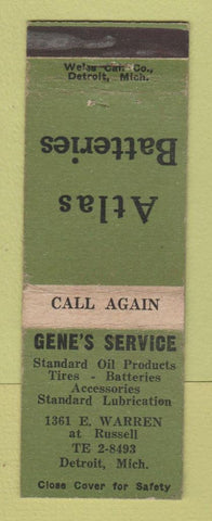 Matchbook Cover - Gene's Standard oil gas Detroit MI Atlas Batteries WEAR