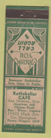 Matchbook Cover - Rathskeller Cafe Detroit MI ARROW