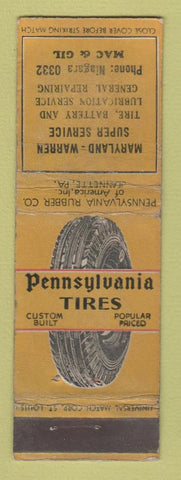 Matchbook Cover - Pennsylvania Tires Maryland Warren UNIVERSAL LONG WORN