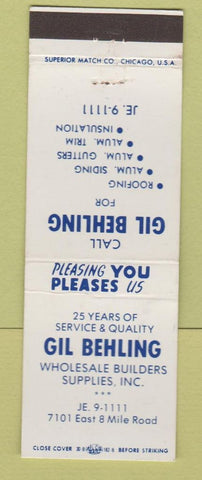 Matchbook Cover - Gil Behling Building Supply Detroit MI