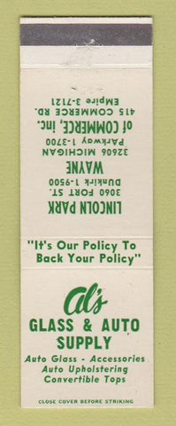 Matchbook Cover - Al's Glass Auto Supply Lincoln Park Wayne MI