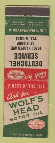 Matchbook Cover - Wolf's Head Motor Oil gas Deutschel Detroit MI WEAR