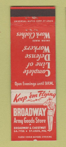 Matchbook Cover - Broadway Army Goods Store WWII St Louis MO Work Clothes