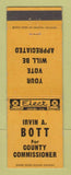 Matchbook Cover - Irvin Bott County Commissioner Election MI?