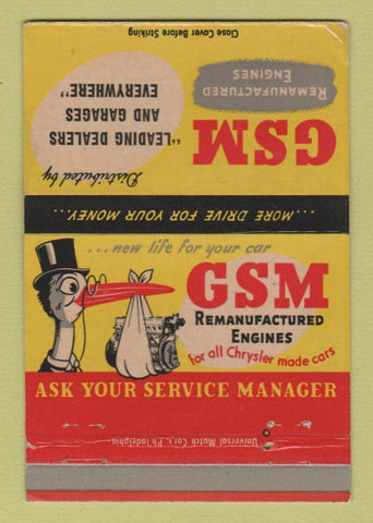 Matchbook Cover - GSM Manufactured Engines Chrysler Stork WEAR 40 Strike
