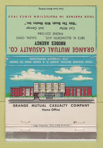 Matchbook Cover - Grange Insurance Rhodes Salem OH WEAR 40 Strike