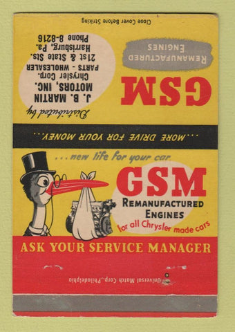 Matchbook Cover GSM Manufactured Engines Chrysler Stork Harrisburg PA 40 Strike