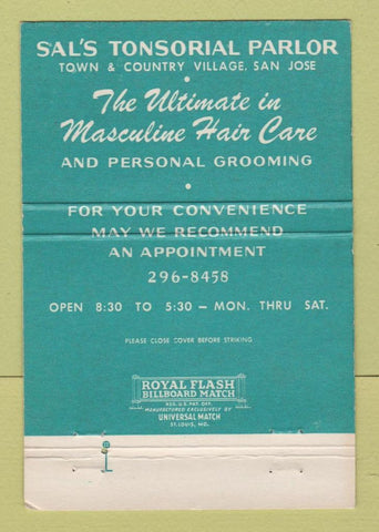 Matchbook Cover - Sal's Tonsorial Parlor Hair Care San Jose CA 40 Strike