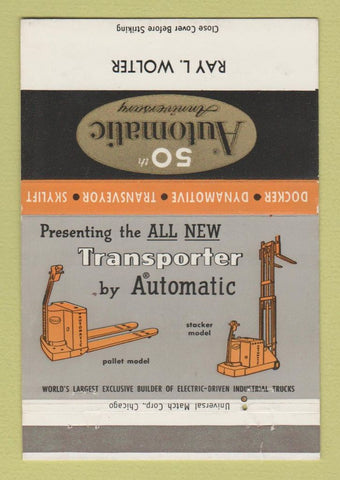 Matchbook Cover - Automatic Lift Trucks fork Ray Wolter Chicago IL 40 Strike