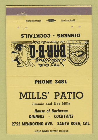 Matchbook Cover - Mills' Patio Santa Rosa CA BBQ YELLOW 40 Strike