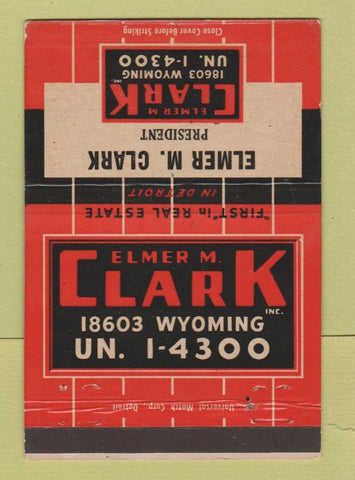 Matchbook Cover - Elmer Clark Real Estate Detroit MI 40 Strike