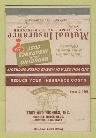 Matchbook Cover - Mutual Insurance Troy Nichols Monroe LA WEAR 40 Strike