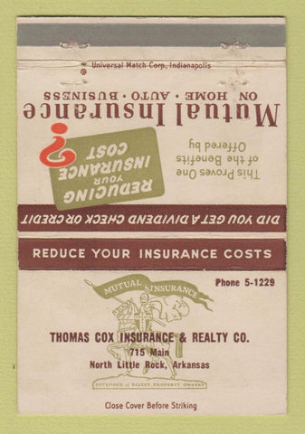 Matchbook Cover - Mutual Insurance Thomas Cox North Little Rock AR 40 Strike