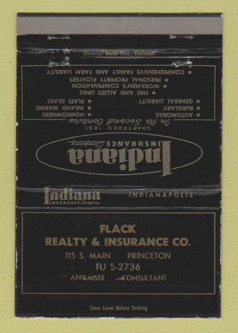 Matchbook Cover - Indiana Insurance Flack Real Estate Princeton 40 Strike