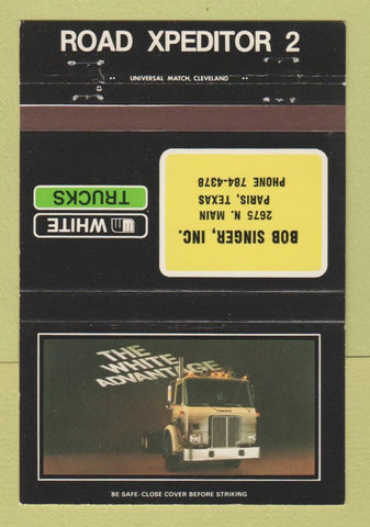 Matchbook Cover - White Semi Trucks Bob Singer Paris TX 40 Strike