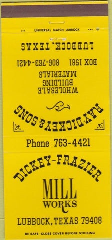 Matchbook Cover - Dickey Frazier Mill Works Lubbock TX 30 Strike