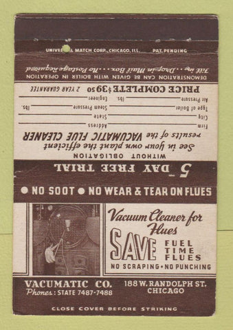 Matchbook Cover - Vacuum Cleaner for Flues Vacumatic Chicago IL 40 Strike