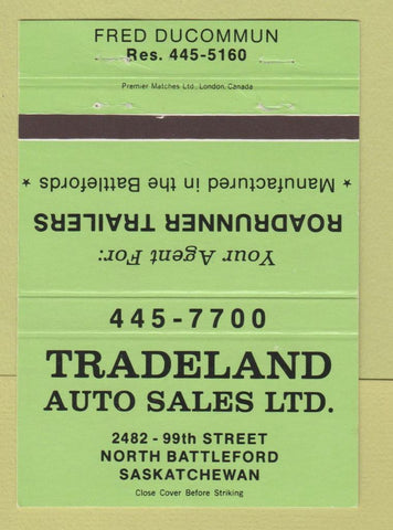 Matchbook Cover - Tradeland Auto Sales North Battleford SK GREEN 40 Strike