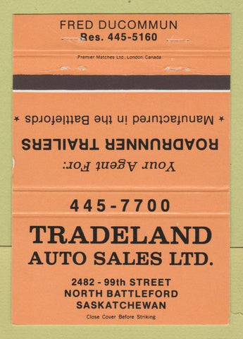 Matchbook Cover - Tradeland Auto Sales North Battleford SK ORANGE 40 Strike