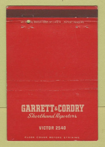Matchbook Cover - Garrett Cordry Shorthand Reporters Kansas City MO 40 Strike