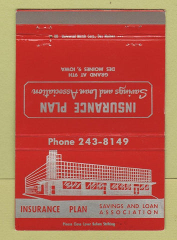 Matchbook Cover - Insurance Plan Savings Loan Des Moines IA 40 Strike