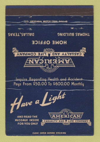 Matchbook Cover - American Casualty Life Insurance Dallas TX 40 Strike