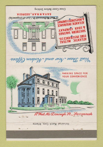 Matchbook Cover - Atlantic Mutual Fire Insurance Savannah GA 40 Strike
