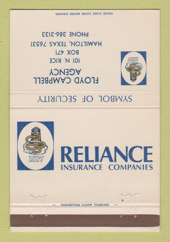 Matchbook Cover - Reliance Insurance Floyd Campbell Hamilton TX 40 Strike