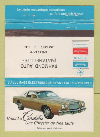 Matchbook Cover - Plymouth Chrysler Cordoba Matane QC WEAR 40 Strike