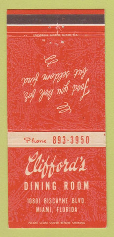 Matchbook Cover - Clifford's Dining Room Restaurant Miami FL 30 Strike