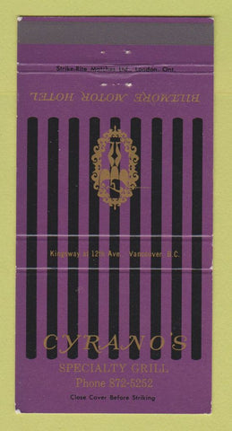 Matchbook Cover Cyrano's Restaurant Biltmore Motor Hotel Vancouver BC 30 Strike